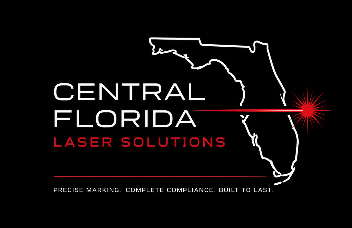 Central Florida Laser Solutions logo with the Florida outline and a red laser beam, over the line: precise marking, complete compliance, built to last.